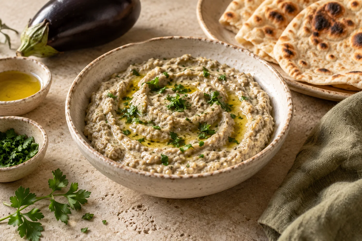Baba Ganoush mit gerösteter Aubergine auf hellem Keramikgeschirr