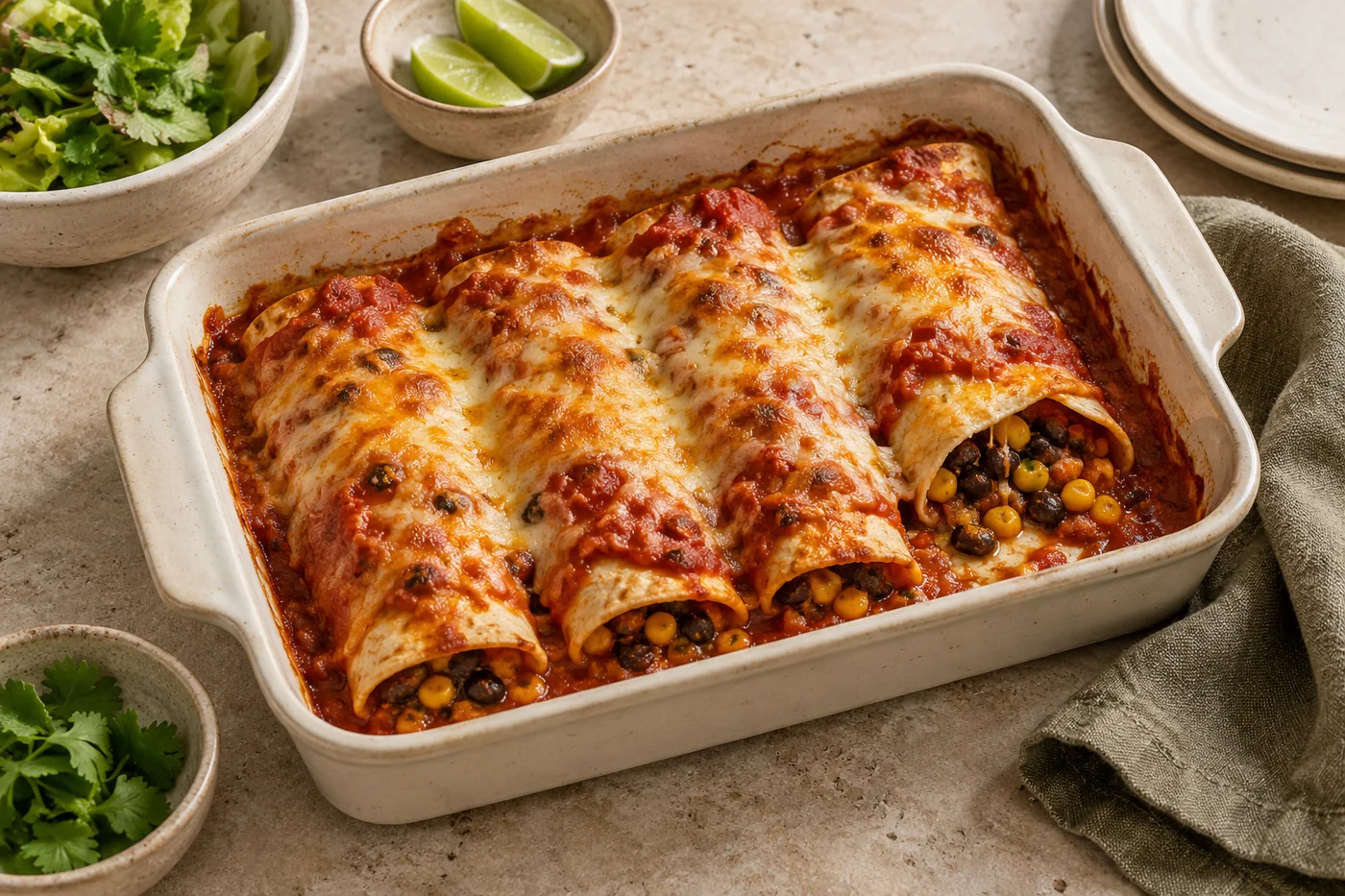 Bohnen-Enchiladas aus dem Ofen auf hellem Geschirr angerichtet
