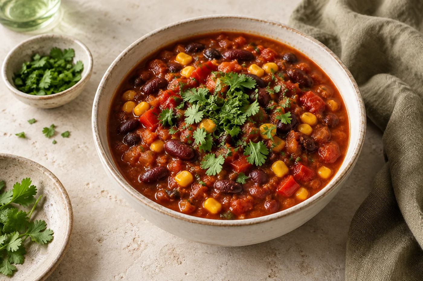 Chili sin Carne mit zwei Sorten Bohnen auf hellem Geschirr angerichtet