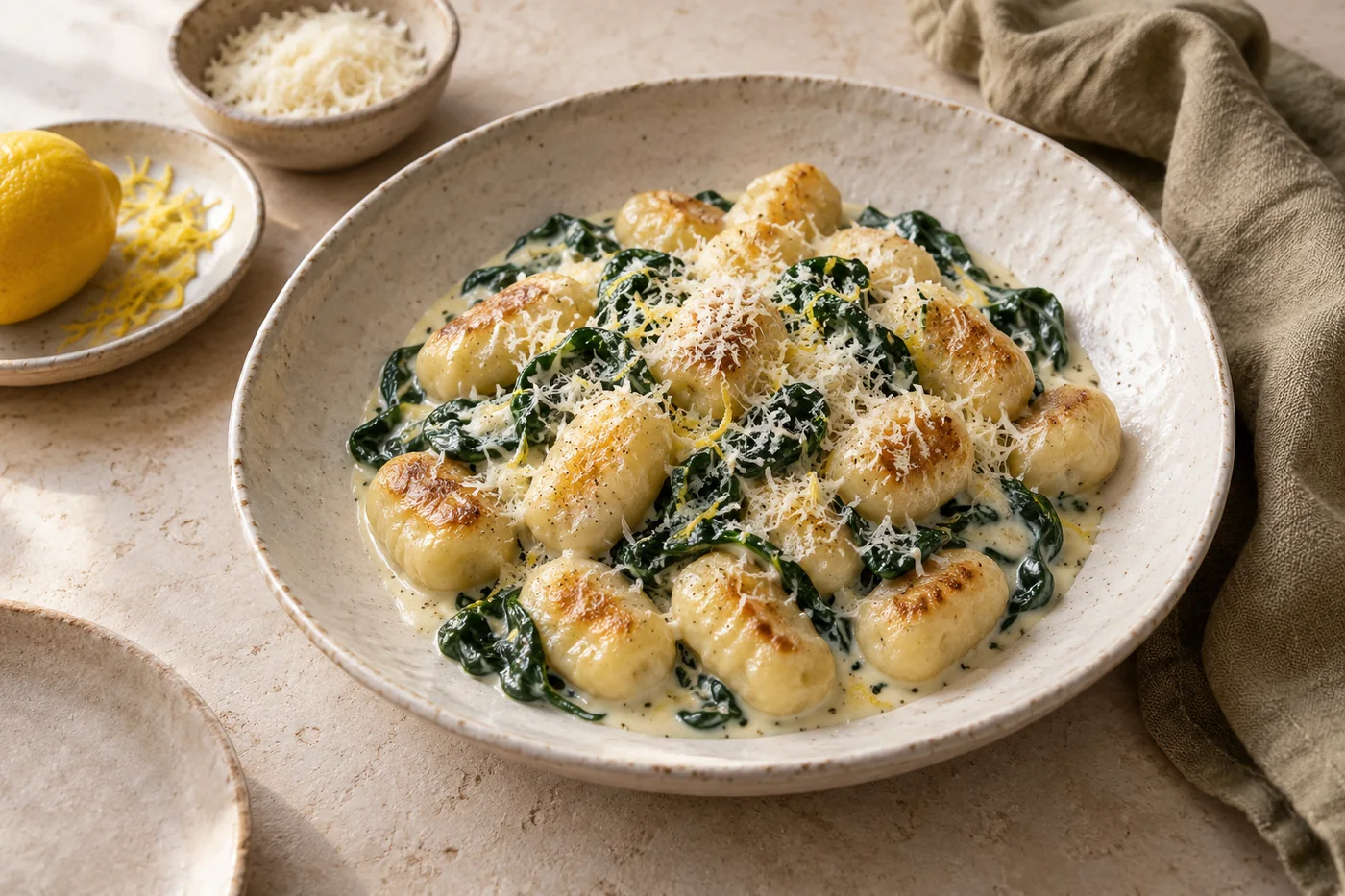 Gnocchi mit Spinat in cremiger Sauce auf hellem Keramikgeschirr