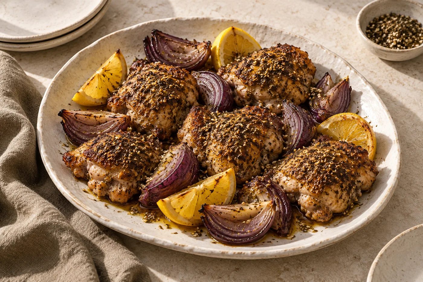 Hähnchen mit Za’atar und roten Zwiebeln auf hellem Keramikgeschirr