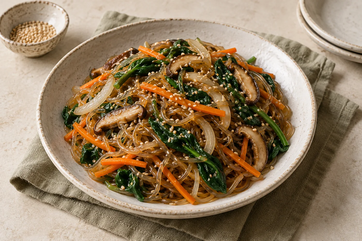 Japchae mit Gemüse auf hellem Geschirr angerichtet