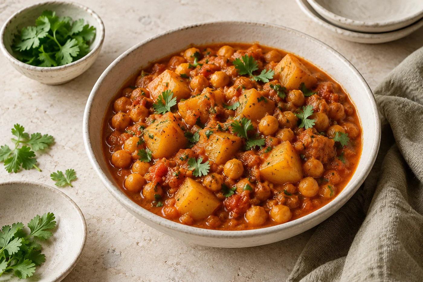 Kichererbsen-Kartoffel-Curry auf hellem Geschirr angerichtet