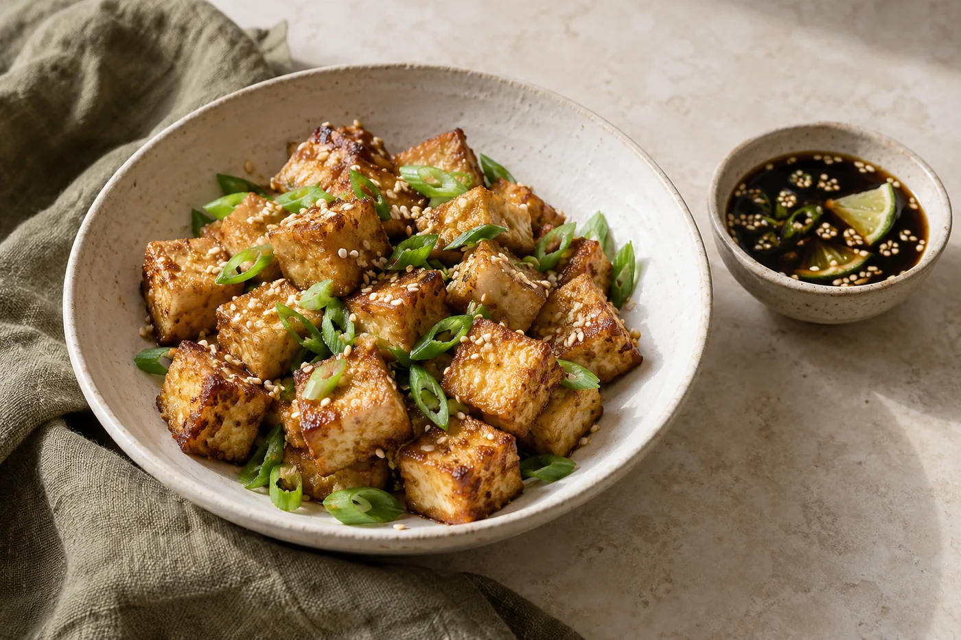 Knuspriger Tofu aus der Pfanne auf hellem Keramikgeschirr