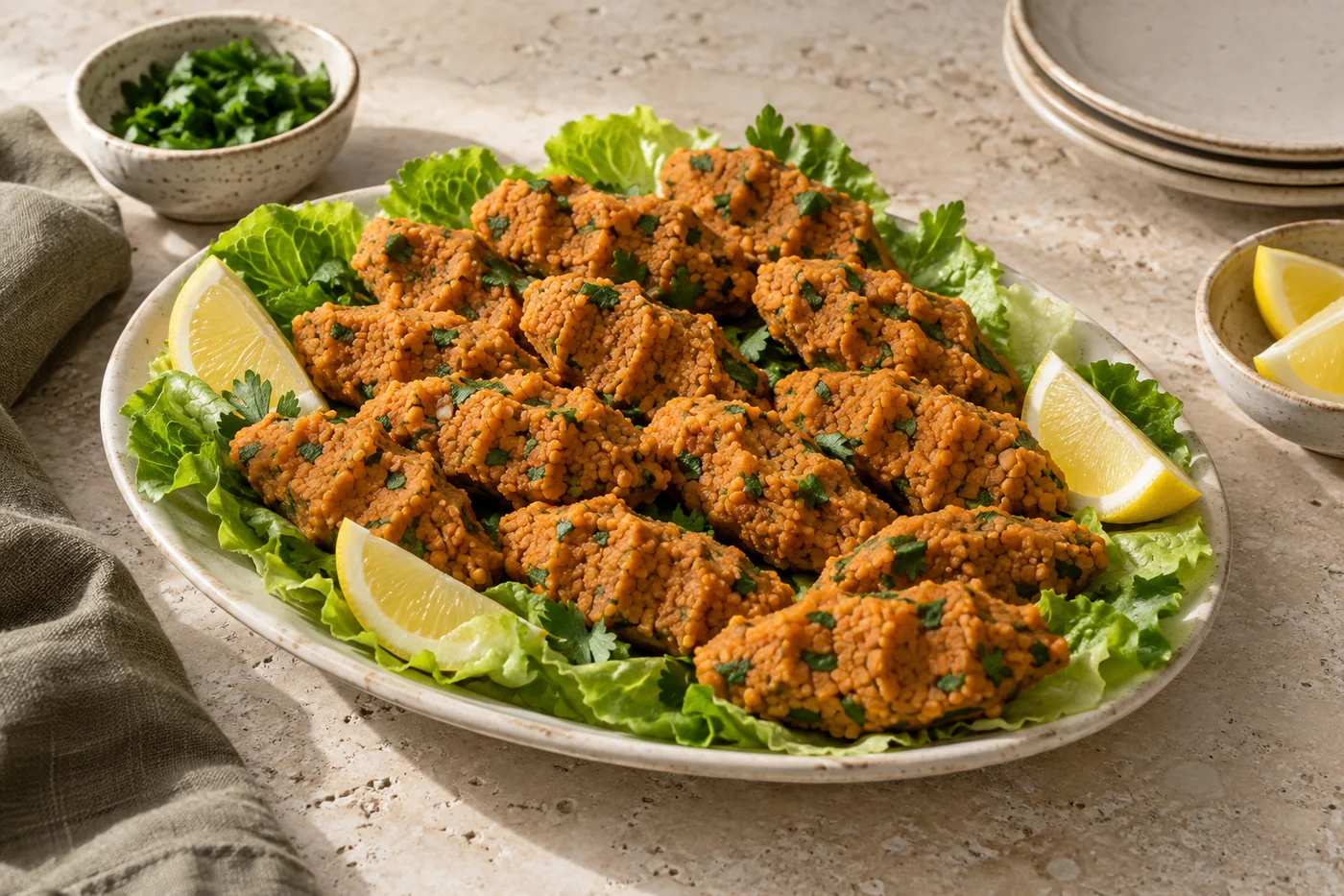 Türkische Linsen-Bulgur-Bällchen auf hellem Geschirr angerichtet