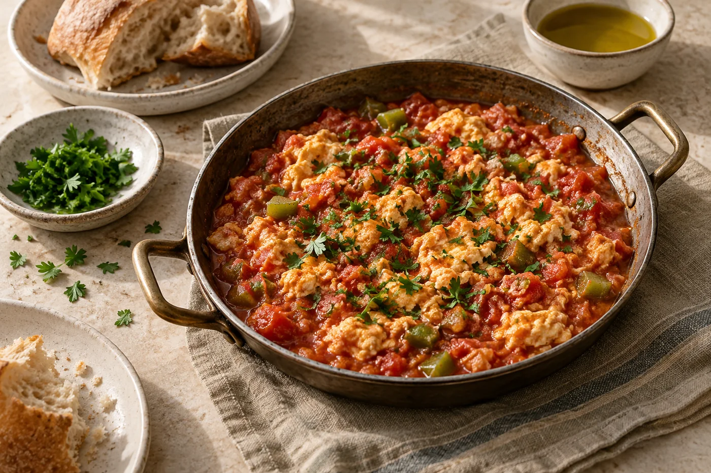 Menemen mit Tomaten und Paprika auf hellem Geschirr angerichtet
