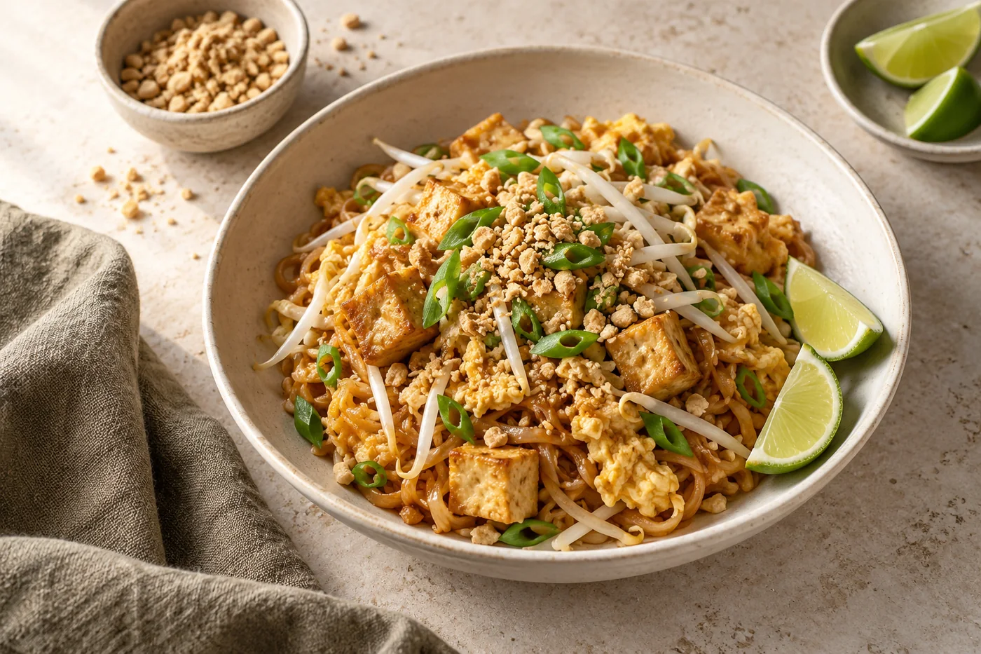 Pad Thai mit Tofu auf hellem Geschirr angerichtet