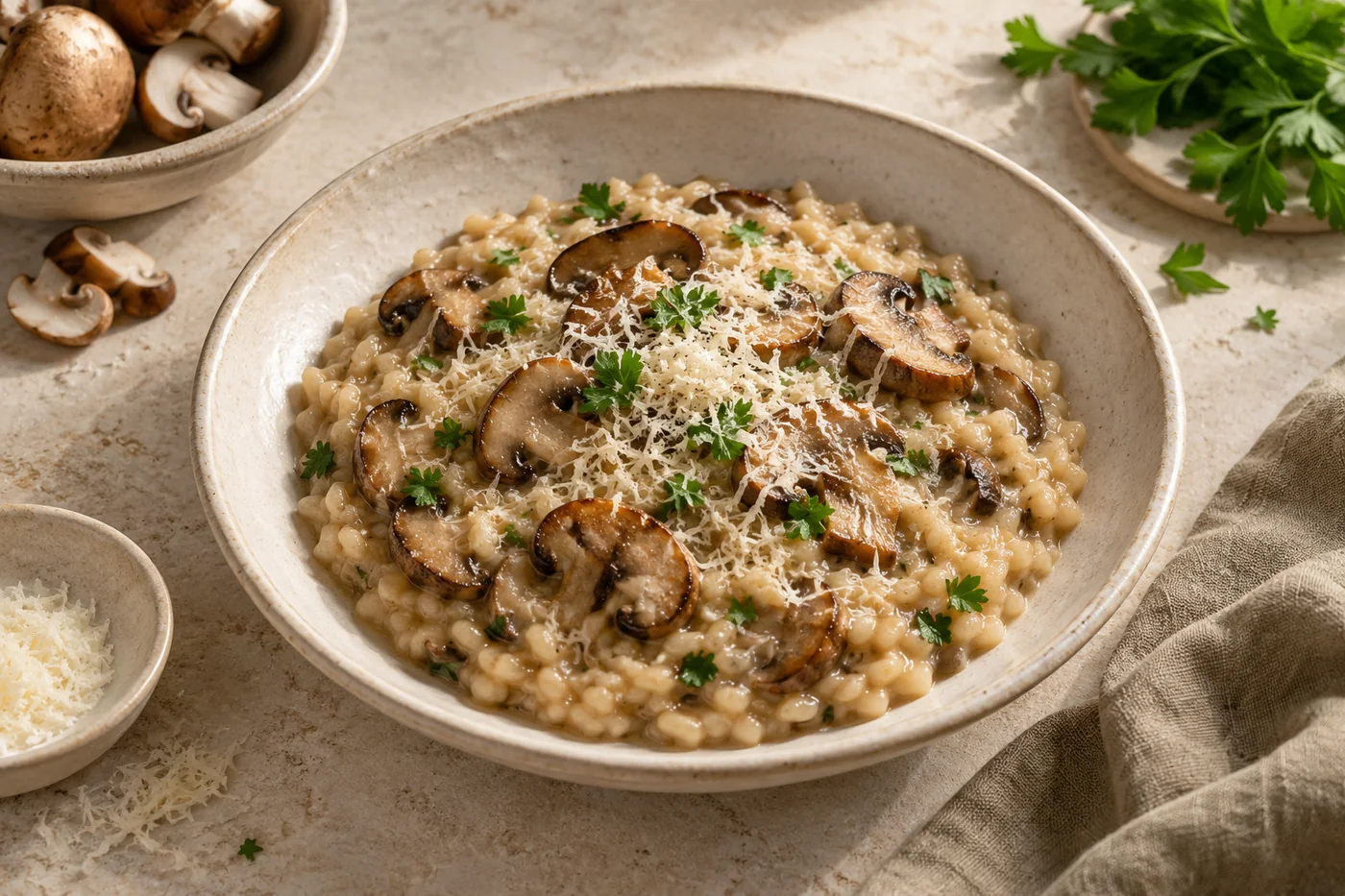 Cremiges Pilzrisotto auf hellem Keramikgeschirr