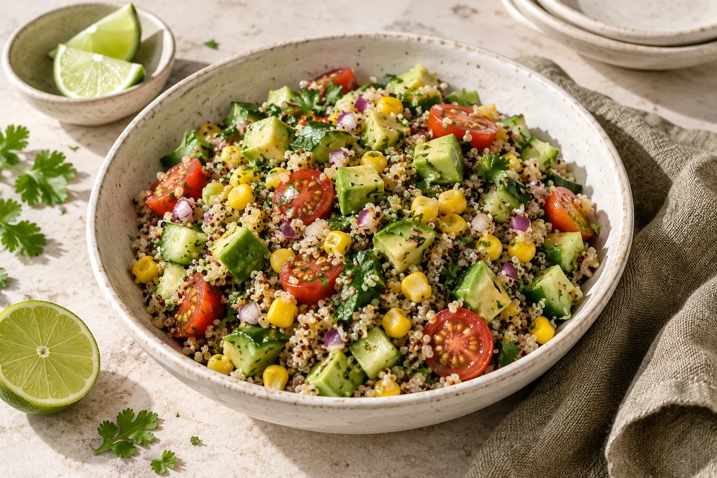 Quinoa-Salat mit Avocado und Limette auf hellem Geschirr angerichtet