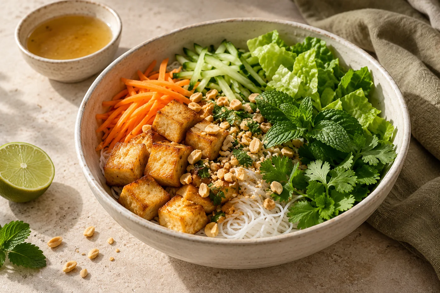Vietnamesisch inspirierter Reisnudelsalat mit Tofu auf hellem Geschirr angerichtet