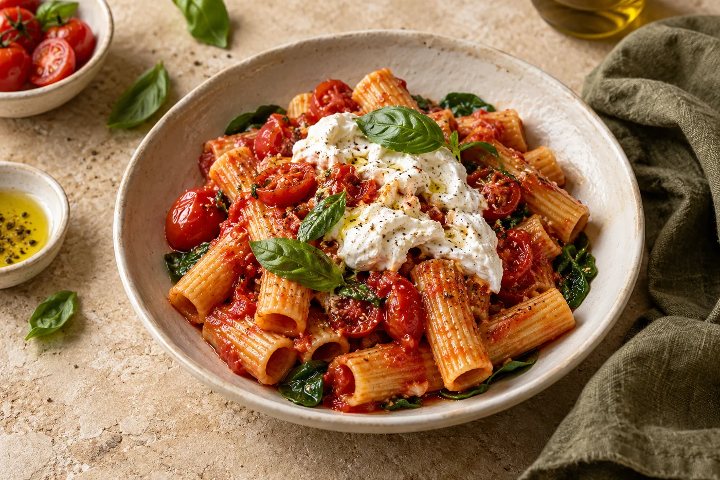 Rigatoni mit Tomaten und Burrata in einer Keramikschale