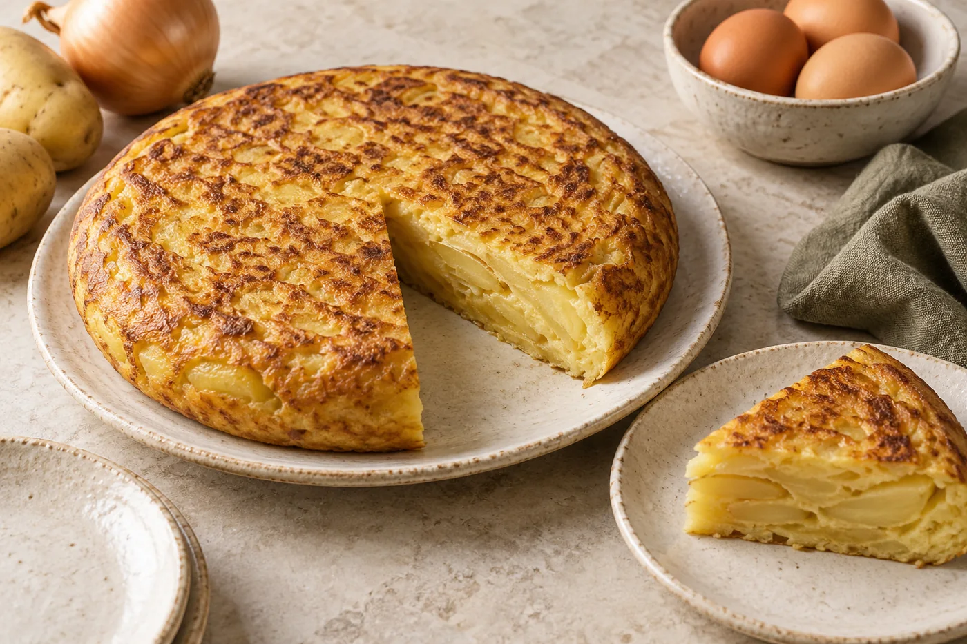 Spanische Tortilla mit Kartoffeln auf hellem Geschirr angerichtet