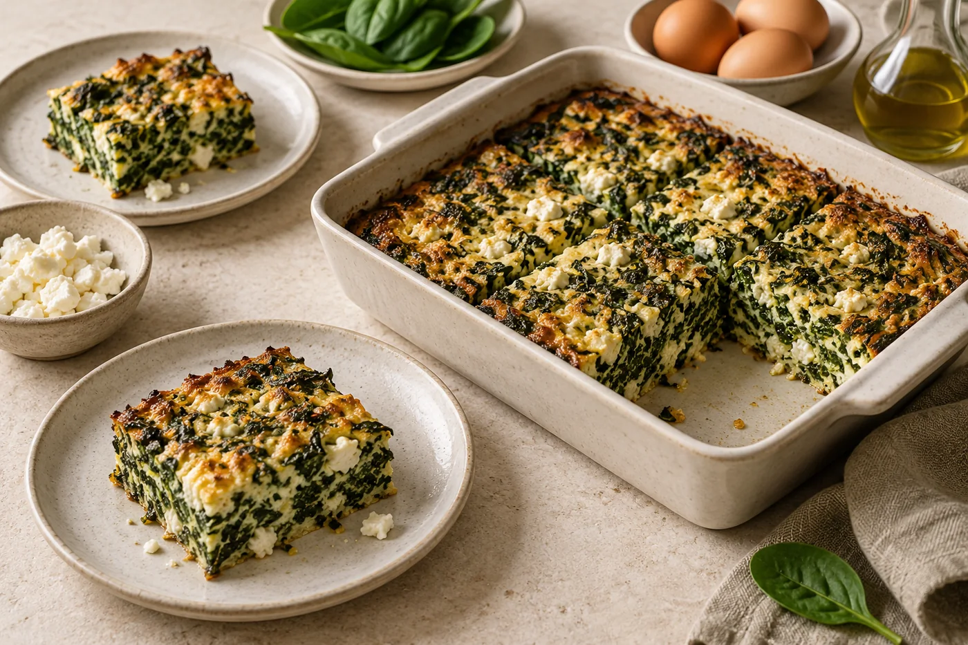Griechisch inspirierter Spinat-Feta-Auflauf auf hellem Geschirr angerichtet