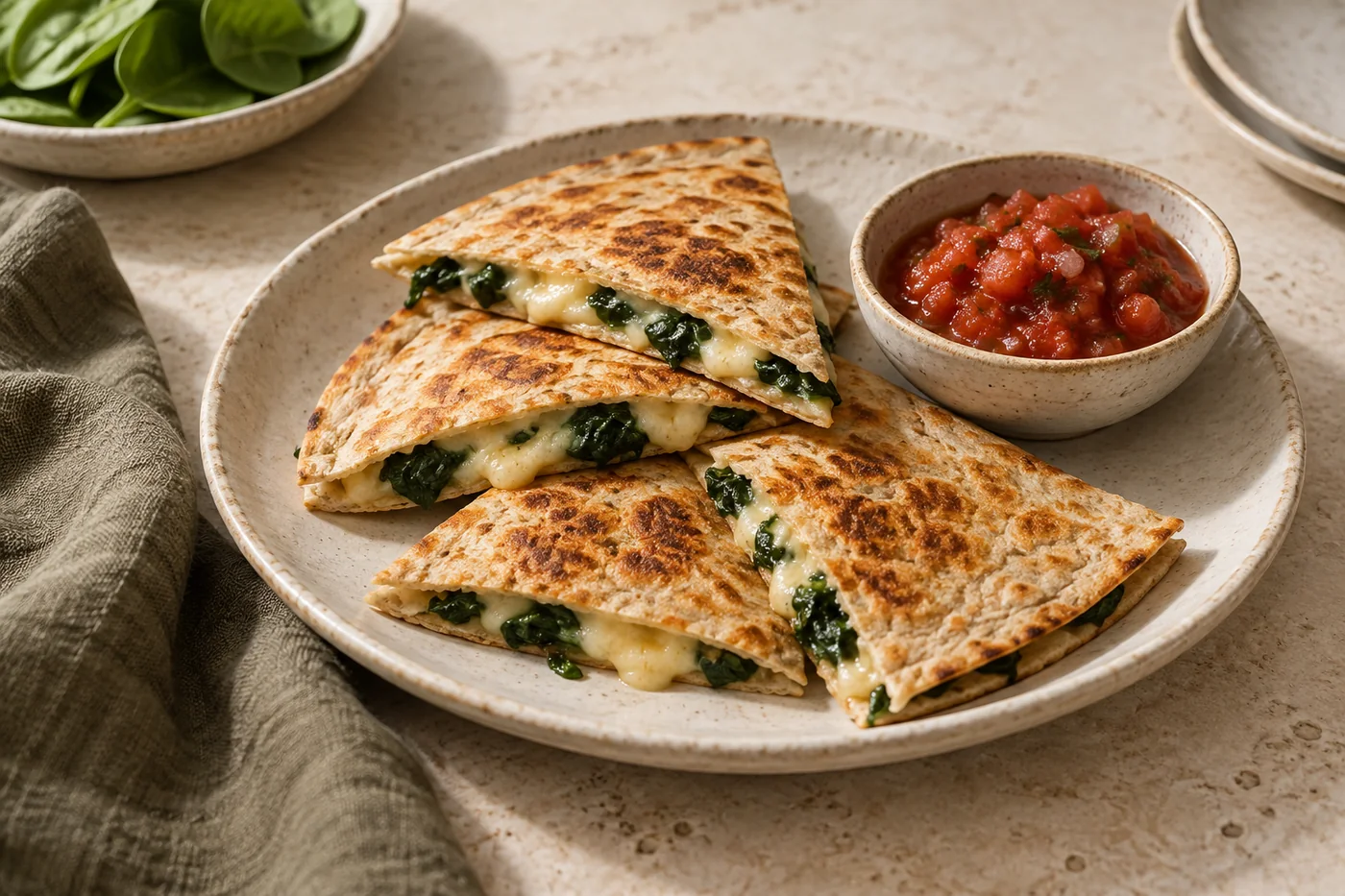 Spinat-Käse-Quesadillas auf hellem Geschirr angerichtet