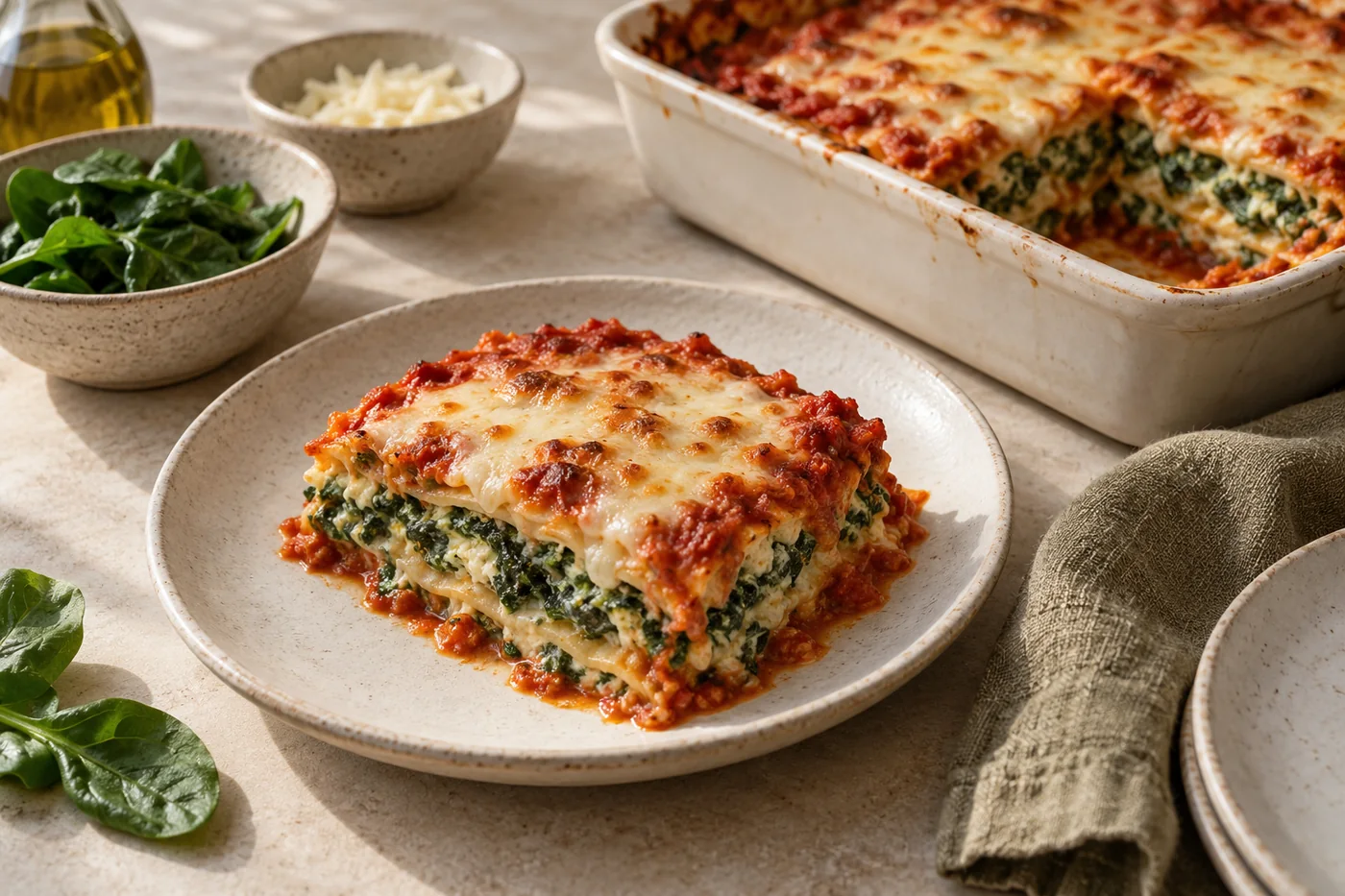 Spinat-Ricotta-Lasagne auf hellem Keramikgeschirr