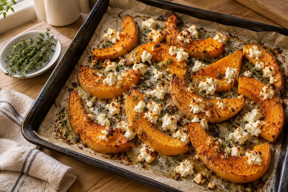 Gebackener Butternut mit goldbraunen Rändern, Feta und Thymian