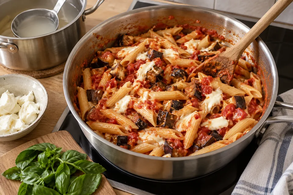 Pasta mit Auberginen und Mozzarella: Zubereitungsschritt 3