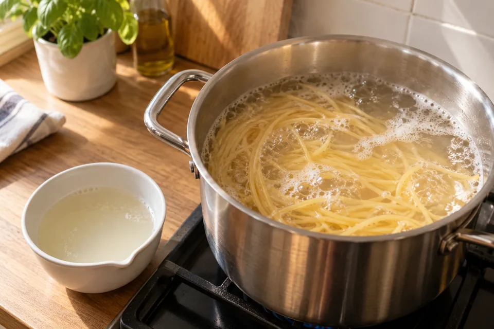 Spaghetti im Kochtopf und eine Tasse aufgefangenes Nudelwasser