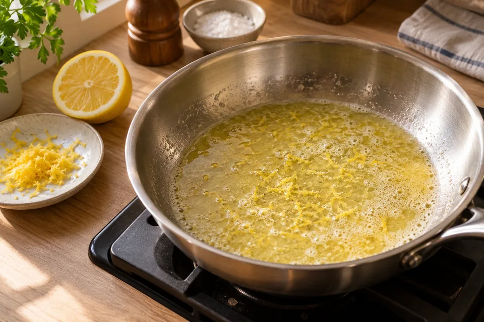 Geschmolzene Butter mit Zitronenabrieb in einer Pfanne
