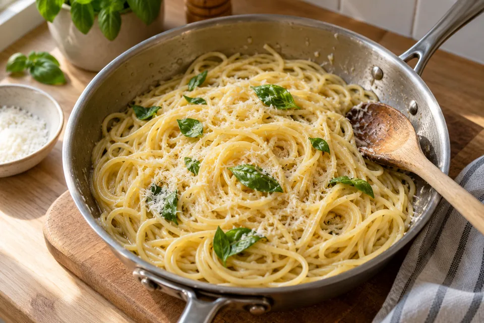 Spaghetti mit Zitronenbutter, Käse und Basilikum in der Pfanne