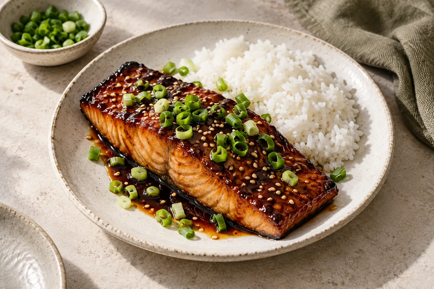 Teriyaki-Lachs mit Reis auf hellem Keramikgeschirr