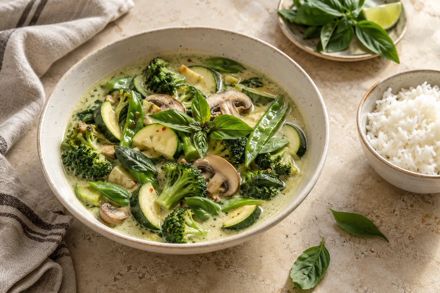 Grünes Thai-Curry mit Gemüse in einer Keramikschale