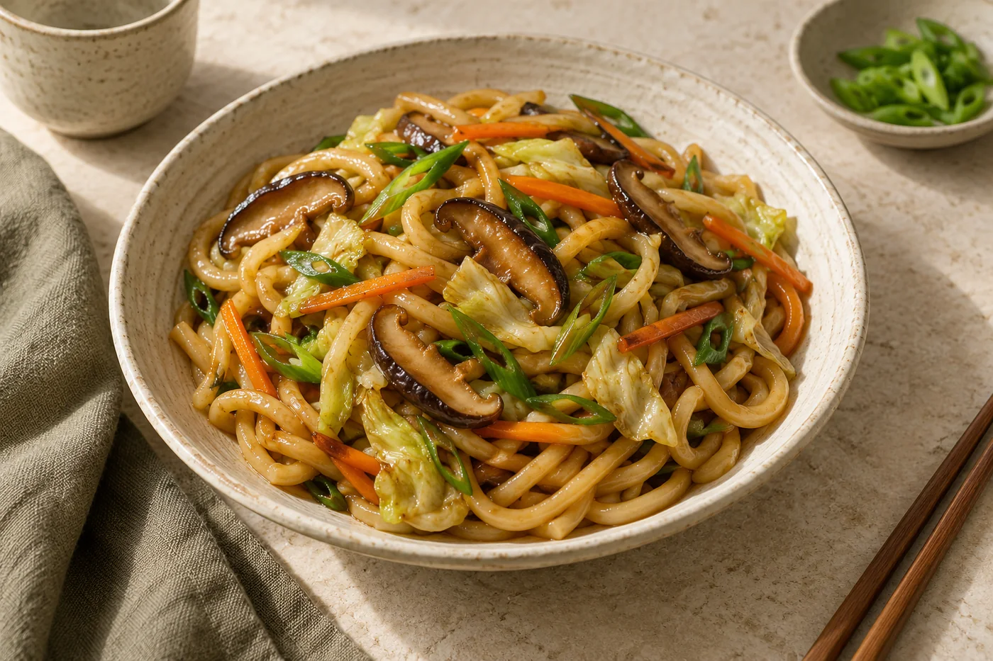 Yaki Udon mit Gemüse auf hellem Keramikgeschirr
